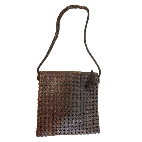 Handcrafted Women's Brown Woven Rattan Square Shoulder Bag Sz M - Picture 1 of 10